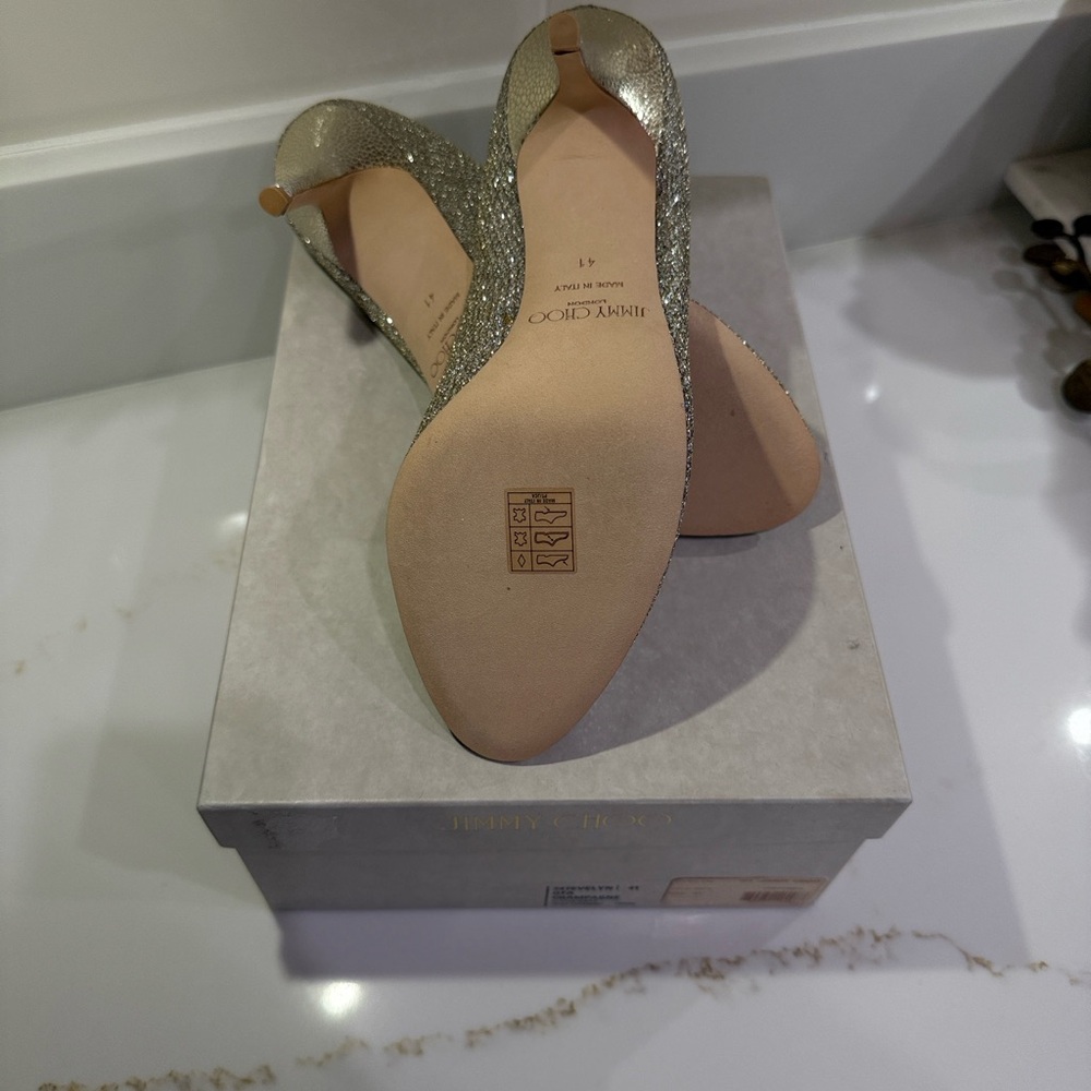 Jimmy Choo Glittering Champagne Peep-Toe Heels - Picture 6 of 10